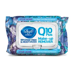 دستمال مرطوب پاک کننده آرایش چشم و صورت دافی Q10 حجم 50 عددی