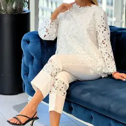 ست شومیز زنانه مجلسی گیپور فرانسوی و شلوار کرپ و گیپور مدل دل آرام