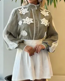 شومیز زنانه مجلسی حریر ارگانزا ترک با خرجکار گیپور مدل حوا