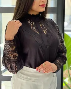 شومیز زنانه مجلسی کتان کریستال و گیپور فرانسه مدل آناشید