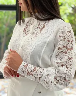 شومیز زنانه مجلسی کتان کریستال و گیپور فرانسه مدل آناشید