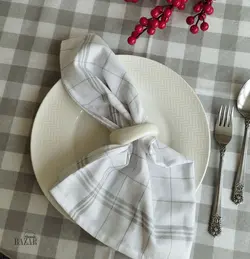 دستمال سفره و زیر بشقابی 4 خانه درشت طوسی لینن ترک