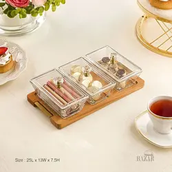 اردوخوری شیشه ای مستطیل 3 خانه پایه چوبی لیمون کد 2248