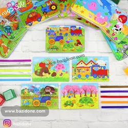 خرید پازل چوبی جعبه فلزی 4 در 1 وسایل نقلیه(قطار) - بازی دونه