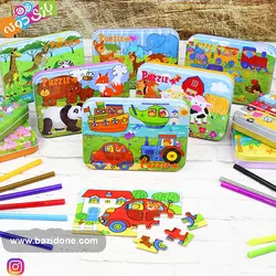 خرید پازل چوبی جعبه فلزی 4 در 1 وسایل نقلیه(قطار) - بازی دونه