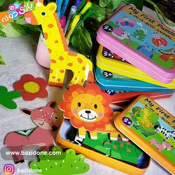 خرید پازل چوبی جعبه فلزی حیوانات جنگل - بازی دونه