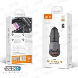 شارژر فندکی فست شارژ الدینیو مدل C510Q توان ۳۶ وات همراه با کابل لایتنینگ