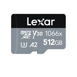 کارت حافظه microSDXC لکسار Lexarمدل 1066X کلاس A2 استاندارد UHS-U3 سرعت 160MBps ظرفیت 512 گیگابایت به همراه آداپتور SD