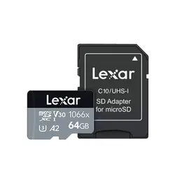 کارت حافظه microSDXC لکسار Lexarمدل 1066X کلاس A2 استاندارد UHS-U3 سرعت 160MBps ظرفیت 64 گیگابایت به همراه آداپتور SD - حافظه طلایی تهران - تی ام سی مارکت - TMCMARKET