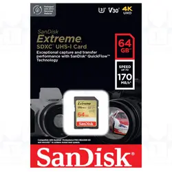 کارت حافظه SDXC سن دیسک مدل Extreme V30 کلاس 10 استاندارد UHS-I سرعت 170mbps ظرفیت 64 گیگابایت - حافظه طلایی تهران - تی ام سی مارکت - TMCMARKET