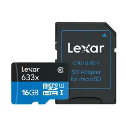 کارت حافظه‌ microSDHC لکسار LEXARکلاس 10 استاندارد UHS-I U1 سرعت 95MBps 633X همراه با آداپتور SD ظرفیت 16 گیگابایت