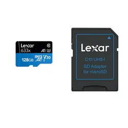 کارت حافظه microSDXC لکسار lexar مدل V30 A1 کلاس 10 استاندارد UHS-I U3 سرعت 100MBps 633Xظرفیت 128گیگابایت به همراه آداپتور SD