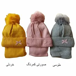 کلاه و شالگردن بافت دخترانه پاپیون دار