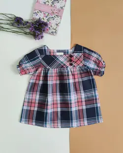 پیراهن دخترانه چهارخانه یقه خشتی