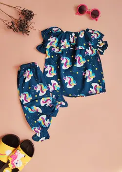 ست بلوز و شلوار دخترانه نخی نیم‌آستین