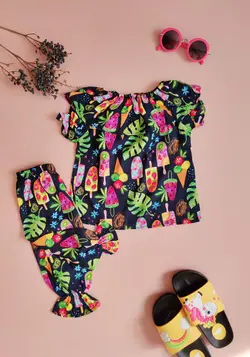 ست بلوز و شلوار دخترانه نخی نیم‌آستین