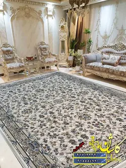 فرش کاشان 1200 شانه طرح افشان نیلوفر کرم برجسته