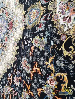 فرش کاشان 1000 شانه نقشه کاملیا سرمه ای