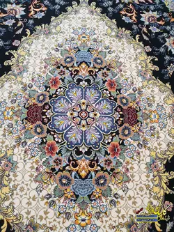 فرش کاشان 1000 شانه نقشه کاملیا سرمه ای