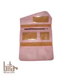 کیف پول لب کج چرم صورتی تلفیق با پته