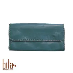 کیف پول چرم گوسفندی سه لت فیروزه ای