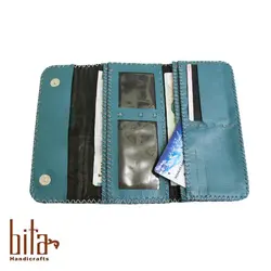 کیف پول چرم گوسفندی سه لت فیروزه ای