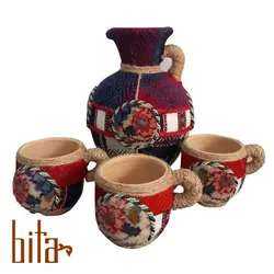 پارچ و لیوان سفالی با رویه دستباف