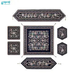 سرویس ۵ تکه رومیزی مخمل کوبلن ملیله دوزی رنگ سرمه ای
