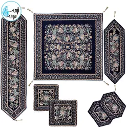 سرویس ۵ تکه رومیزی مخمل کوبلن ملیله دوزی رنگ سرمه ای