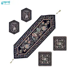 سرویس ۵ تکه رومیزی مخمل کوبلن ملیله دوزی رنگ سرمه ای