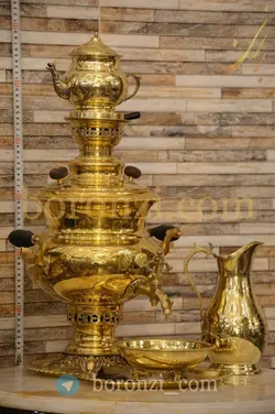 سماور برنجی ۶ لیتری زغالی لب کنگره زرد