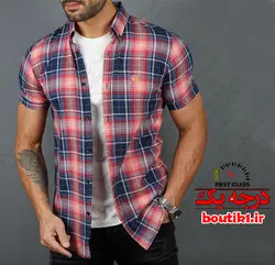 پیراهن آستین کوتاه نخ پنبه 4خونه قرمز