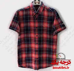 پیراهن آستین کوتاه نخ پنبه 4خونه قرمز