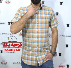 پیراهن آستین کوتاه نخ پنبه چهارخونه کرم