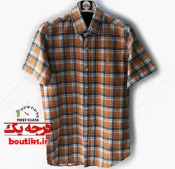 پیراهن آستین کوتاه نخ پنبه چهارخونه کرم