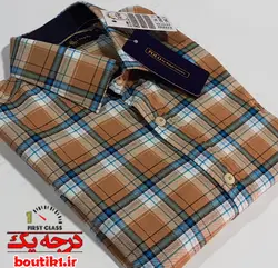 پیراهن آستین کوتاه نخ پنبه چهارخونه کرم