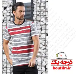 تیشرت یقه گرد پنبه لاکرا قرمز رینگی