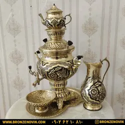 قیمت سرویس سماور برنجی زغالی ذغالی 6 لیتری گل و مرغ قلم دست