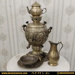 قیمت سماور گازی برنجی 6 لیتری قلم دست برجسته شیر و خورشید آنتیک با سرویس