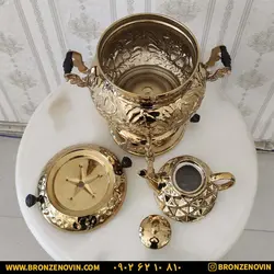 قیمت سماور گازی برنجی 6 لیتری قلم دست آهو ترموکوپل دار با قوری