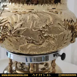 قیمت سماور گازی برنجی 6 لیتری قلم دست آهو ترموکوپل دار با قوری