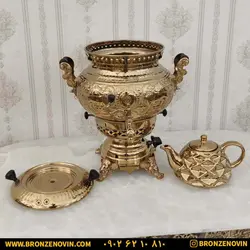 قیمت سماور گازی برنجی 6 لیتری قلم دست مدل شیر و خورشید با قوری