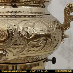 قیمت سماور گازی برنجی 6 لیتری قلم دست مدل شیر و خورشید با قوری