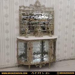 قیمت آینه کنسول برنز برنجی ویترینی طول 120 گل سرخ سنگین با ساعت و شمعدان فرشته