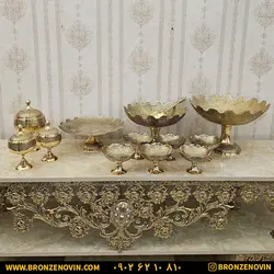 قیمت ظروف برنجی هندی طرح طاووس | ست پذیرایی ظروف برنزی هندی