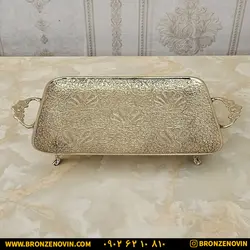 قیمت سینی برنجی برنزی هندی جدید مدل طاووس مستطیل پایه دار