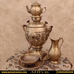خرید و قیمت سماور برنجی زغالی 6 لیتری قلم دست هخامنش آنتیک