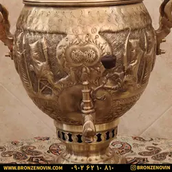 خرید و قیمت سماور برنجی زغالی 6 لیتری قلم دست هخامنش آنتیک