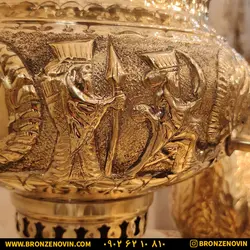 سماور برنجی زغالی 8 لیتری قلم دست برجسته هخامنش زرد با سرویس