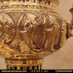 سماور برنجی زغالی 8 لیتری قلم دست برجسته هخامنش زرد با سرویس